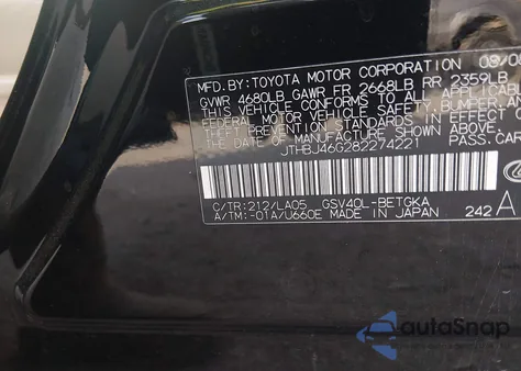 2008 Lexus Es 350 from USA, damaged, VIN JTHBJ46G282274221